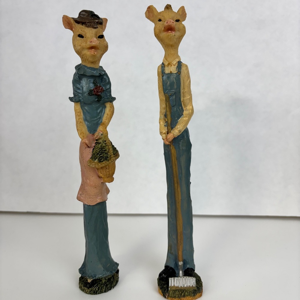 Vtg Skinny Pencil Pig Farmer And His Wife Set Resin Figurines 8" 1992